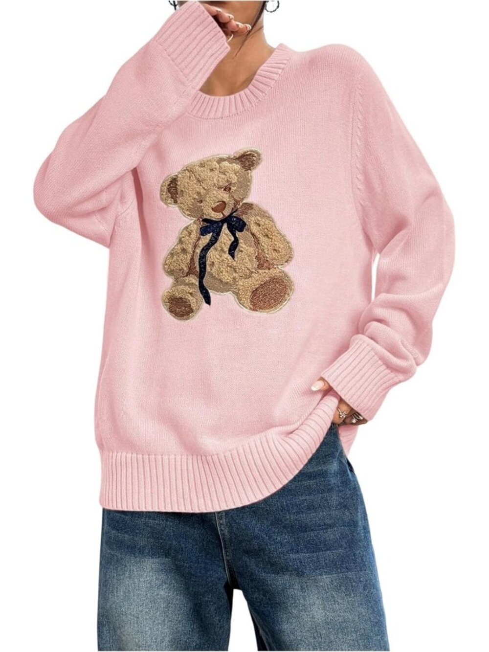 Cozy Teddy Bear Sweater - Cute Long Sleeve Knit Pullover for Fall Fashion 2025